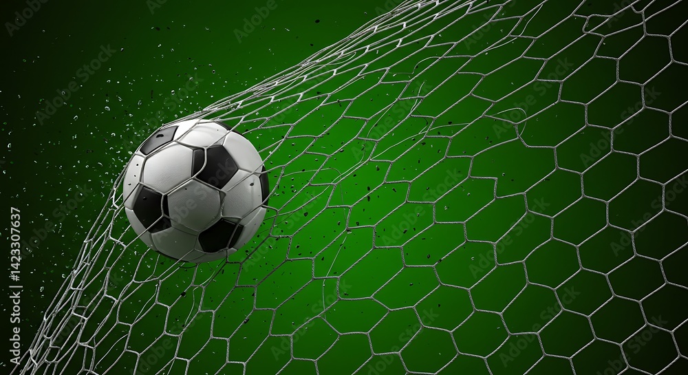 Fototapeta premium Soccer Ball Hitting Goal Net with Water Splashes on Green Background