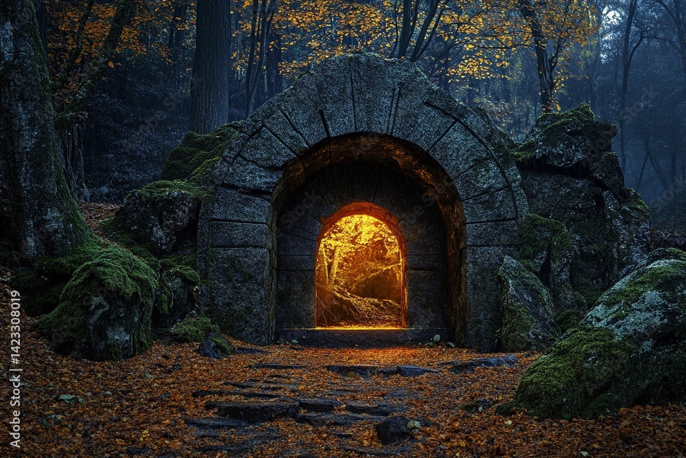 Obraz premium Majestic portal to another world glows amidst ethereal landscape with rolling clouds and sunlit greenery