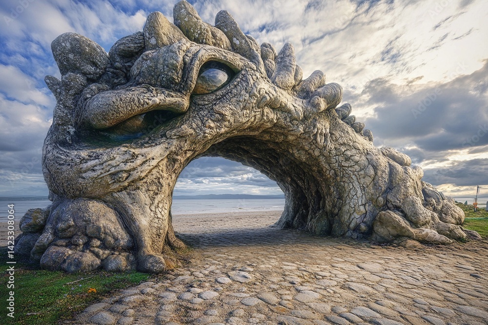 Fototapeta premium Majestic portal to another world glows amidst ethereal landscape with rolling clouds and sunlit greenery