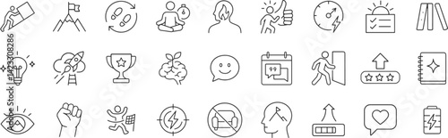 Motivation line icon set. Vector pictograms of energy, inspiration, journal, focus, target, consistency, arrow, achievement, self discipline, thin linear illustration.