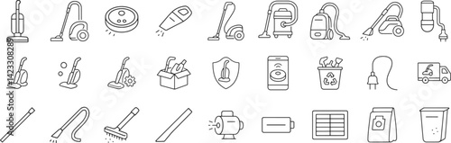 Vacuum cleaner line icon set. Vector pictograms of HEPA filter, hose, brush, delivery, warranty, motor, robot, handheld, upright, rechargeable, accessory, thin linear illustration.
