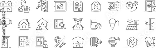 home energy audit line icon set. Vector pictograms of heat loss inspection, HVAC, smart thermostat, blower, radiator, report, window upgrade, thin linear illustration.