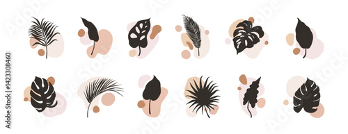 Exotic leaf and abstract shape patterns, floral set. Tropical leaves and geometric elements in modern minimal style, organic nature silhouettes. Flat vector illustration isolated on white background