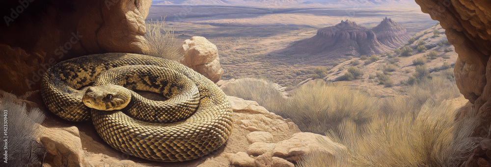Rattlesnake coiled in a rocky cave burrow, with a sweeping desert landscape visible in the background