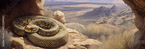 Obraz na płótnie Rattlesnake coiled in a rocky cave burrow, with a sweeping desert landscape visible in the background w salonie