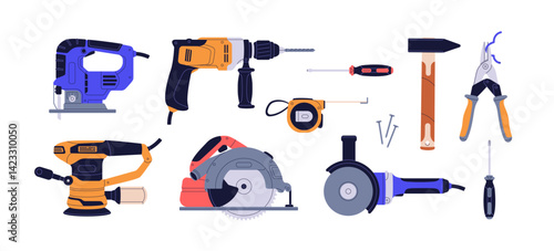 Building and repair tools set. Electric power drill, auger, screwdriver, hammer, pliers, saw machine, device for construction, DIY, renovation. Flat vector illustration isolated on white background