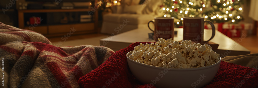 A cozy living room with a family snuggled under blankets watching a Christmas movie.