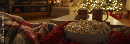 Obraz na płótnie A cozy living room with a family snuggled under blankets watching a Christmas movie. w salonie