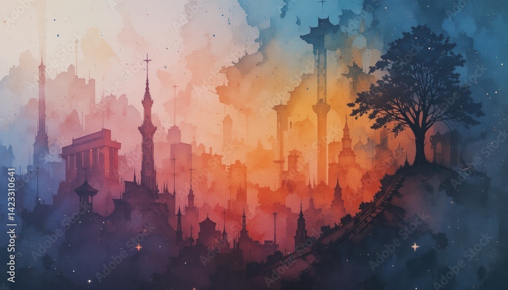 Fototapeta premium Mystical cityscape sunset fantasy landscape digital art urban environment wide view surreal concept