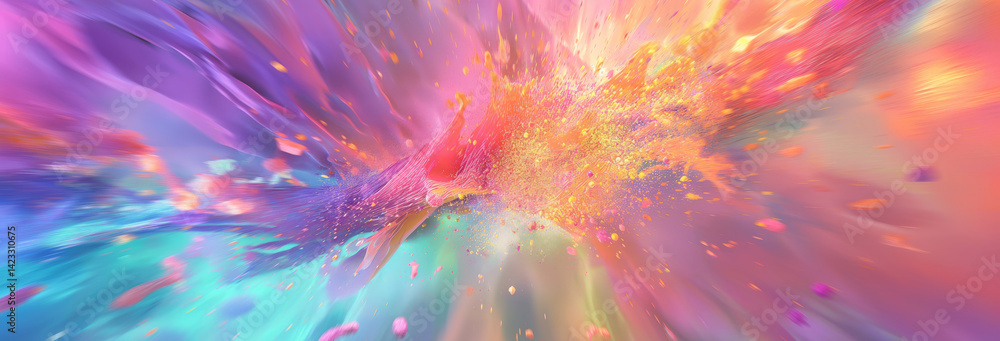A dynamic burst of vibrant paint splashes frozen in motion, creating a 3D rainbow wave.