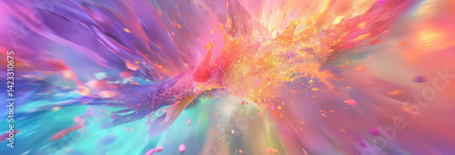 Obraz na płótnie A dynamic burst of vibrant paint splashes frozen in motion, creating a 3D rainbow wave. w salonie
