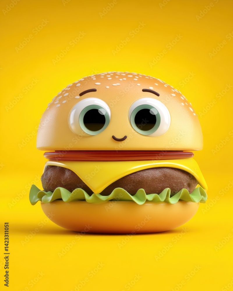 cartoon cheeseburger with big eyes and smiling mouth, pop art glossy 3D character, bold yellow background cartoon cheeseburger with big eyes and smiling mouth, pop art glossy 3D character, bold yellow background