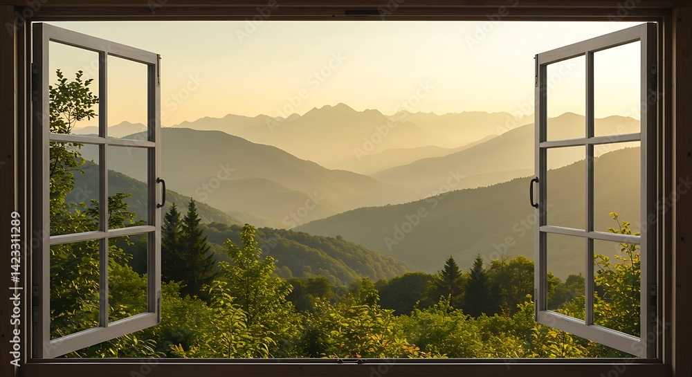Fototapeta premium Open Window View of Mountain Range at Sunset