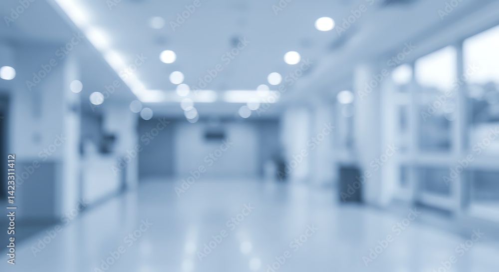 Blurred Hospital Hallway Interior with Lights and Windows Blurred Hospital Hallway Interior with Lights and Windows