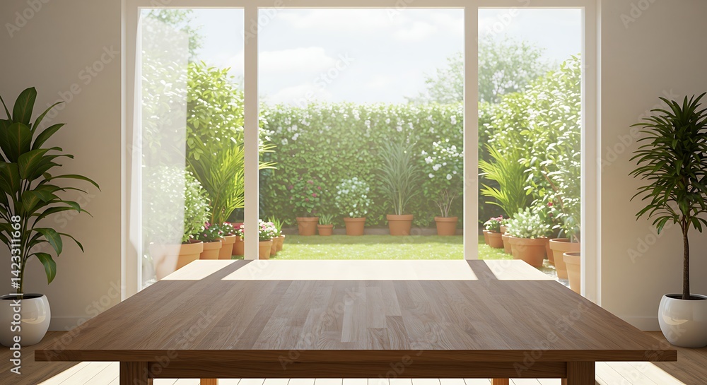 Fototapeta premium Wooden Table in Bright Room Overlooking Lush Green Garden
