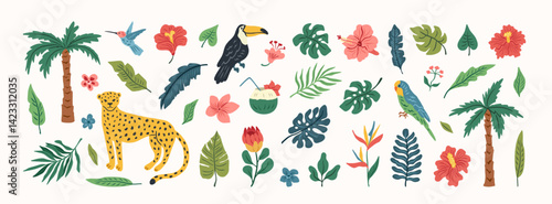 Tropical wild animals, birds, flowers and exotic plant. Hand drawn leopard, palm tree, toucan, proteus flower, hibiscus, parrot, monstera, plumeria. Set of  jungle sticker. Vector flat illustration.