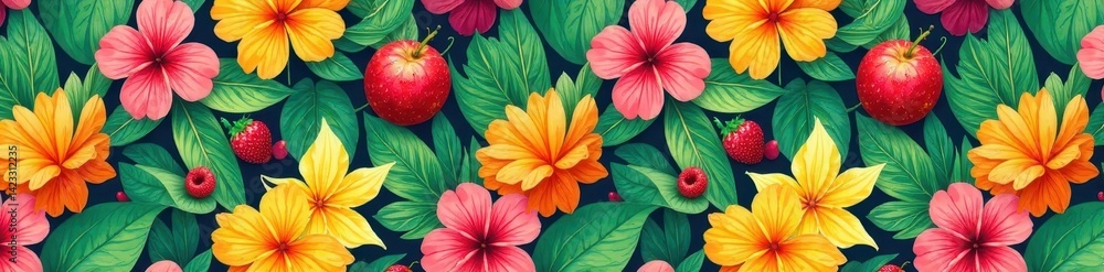 Obraz premium Vibrant tropical fruit & flower seamless pattern , textile, colorful