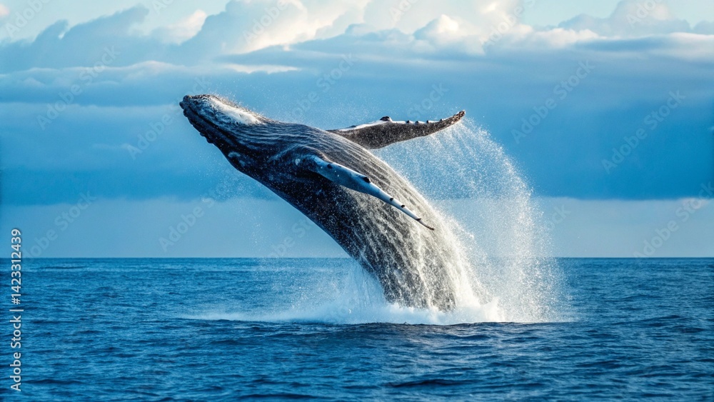 Fototapeta premium Against a backdrop of the sea and sky, a large whale is leaping out of the water, its body arcing, representing a spectacular moment in nature and the incredible athleticism of these marine mammals. 