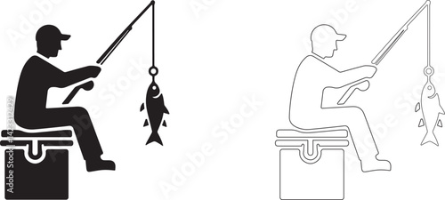 Fisherman caught a fish. Vector editable silhouette. Fishing icon.