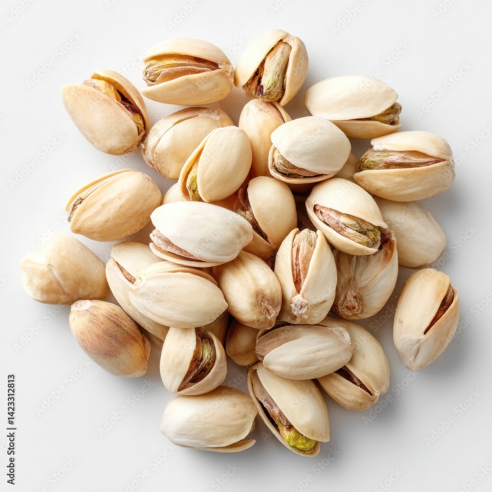 Small pile of pistachio nuts in shells, spread on clean white background, top down view Small pile of pistachio nuts in shells, spread on clean white background, top down view