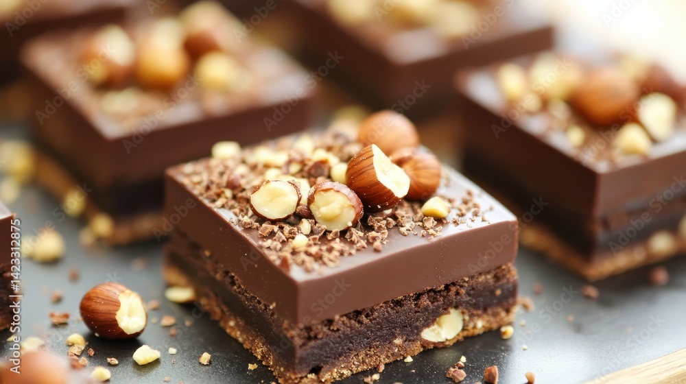 Decadent chocolate and hazelnut dessert squares displayed attractively on a dark serving board Decadent chocolate and hazelnut dessert squares displayed attractively on a dark serving board