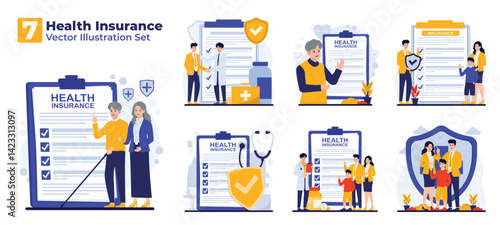 Illustration set showing health insurance concept with family and elderly care, protection plan, and medical security icons.