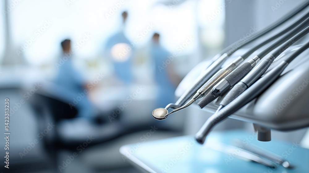 Dentist treating patient, close-up view of dental tools and chair Dentist treating patient, close-up view of dental tools and chair