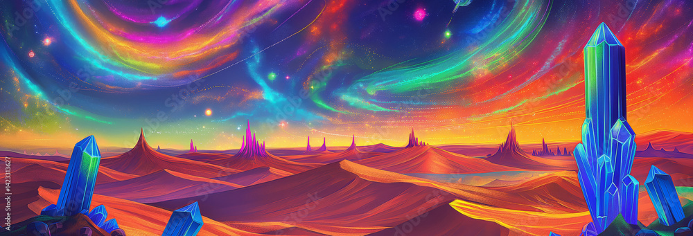 A vast desert landscape with glowing, neon-colored sand dunes under a vibrant sky filled with swirling galaxies and planets.