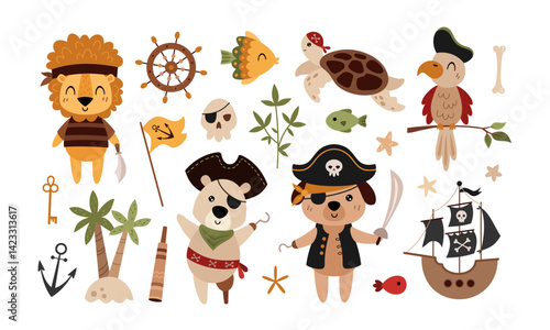 Set with cute pirate animals, pirates objects, ocean elements. Summer hand drawn vector illustration in flat style	
