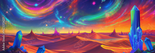 A vast desert landscape with glowing, neon-colored sand dunes under a vibrant sky filled with swirling galaxies and planets.