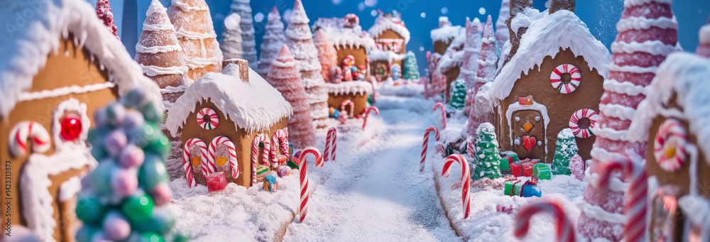 An enchanting world made entirely of gingerbread and candy. Gingerbread houses with icing roofs stand beside candy cane lampposts.