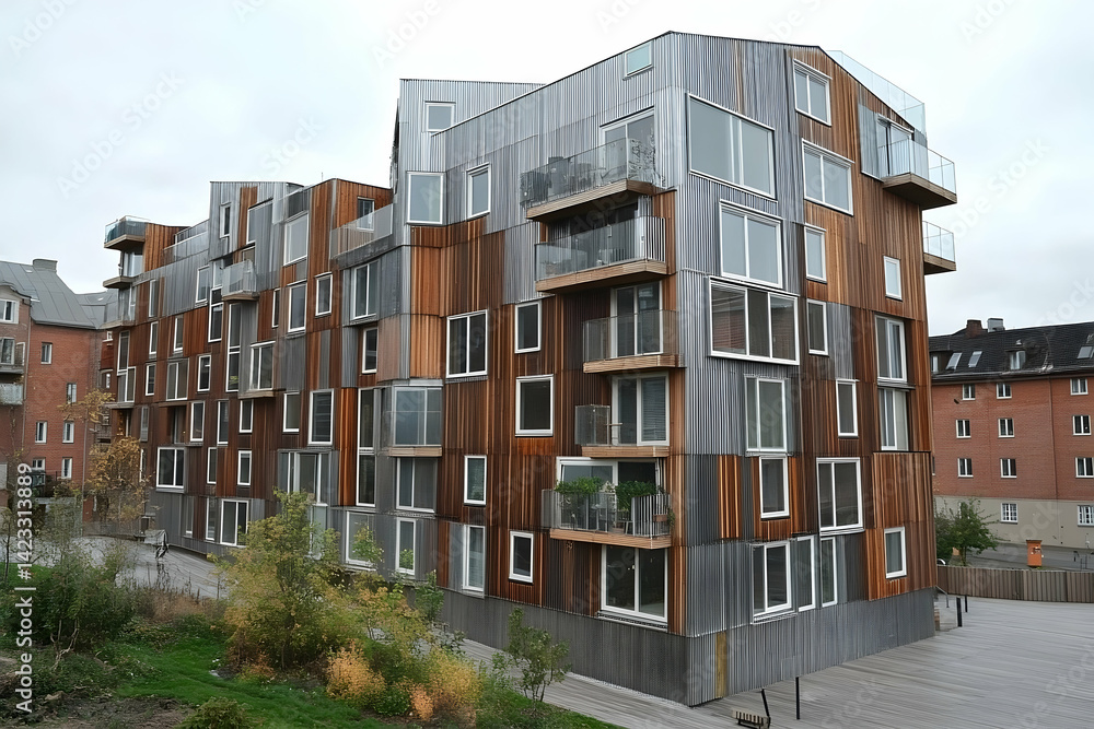 Modern apartment building design with wood and metal facade Modern apartment building design with wood and metal facade
