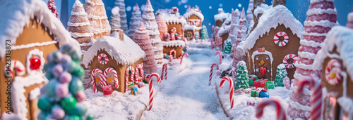 Obraz na płótnie An enchanting world made entirely of gingerbread and candy. Gingerbread houses with icing roofs stand beside candy cane lampposts. w salonie