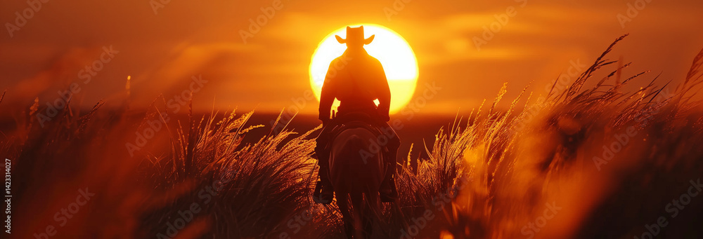 cowboy siluet riding into a sunset where the sun is only partially showing in the horizon