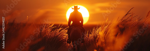 cowboy siluet riding into a sunset where the sun is only partially showing in the horizon