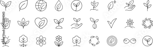 Eco friendly line icon set. Vector pictograms of sustainability, renewable energy, clean, save, agriculture, climate, forest, thin linear illustration.