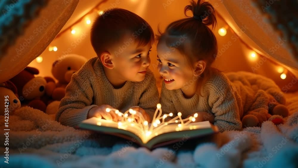 A magical bedtime video of two kids reading a glowing storybook under a cozy blanket fort filled with warm fairy lights. A magical bedtime video of two kids reading a glowing storybook under a cozy blanket fort filled with warm fairy lights.