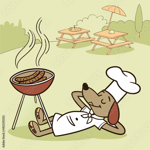 Lazy Dog Chef Napping Next to a Smoking BBQ Grill