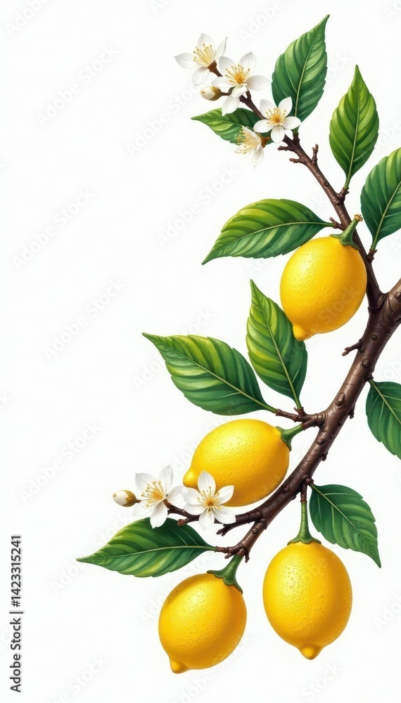 Hand-drawn lemon tree branches, blossoms, fruit White background , hand-drawn, lemon Hand-drawn lemon tree branches, blossoms, fruit White background , hand-drawn, lemon