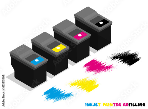 Isometric set of plastic ink cartridges for office inkjet printers. Repair and maintenance of office and copying equipment. Realistic 3D vector isolated on white background