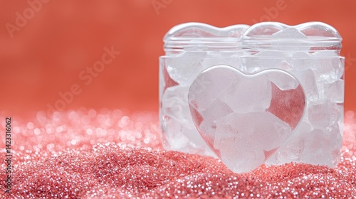 Heart-shaped container, filled with crystals, on a coral background