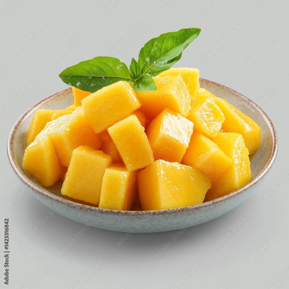 Diced mangoes in bowl, garnish, studio shot, food photography, recipe Diced mangoes in bowl, garnish, studio shot, food photography, recipe