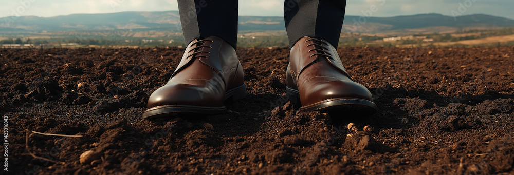 business shoes of a businessman standing on agricultural soil in Kibbutz Kfar Baruch, Israel.