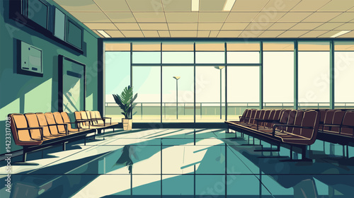 Airport railway bus station waiting area. Empty public space with places for seating and panoramic windows. Cartoon interior vector illustration