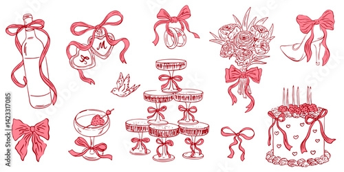 Hand drawn coquette aesthetics elements. Cute girly bows, cake, locket, champagne pyramid, bouquet of flowers. Vintage cute symbols for  wedding, invitation, birthday card. Vector illustration