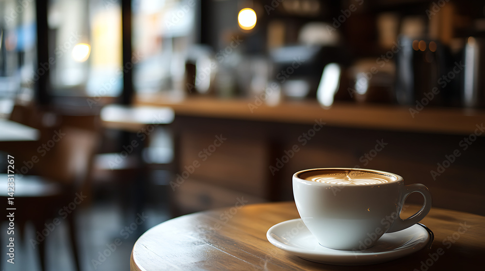 Warm cappuccino served in a cup with elegant foam art placed on a rustic wooden table Warm cappuccino served in a cup with elegant foam art placed on a rustic wooden table