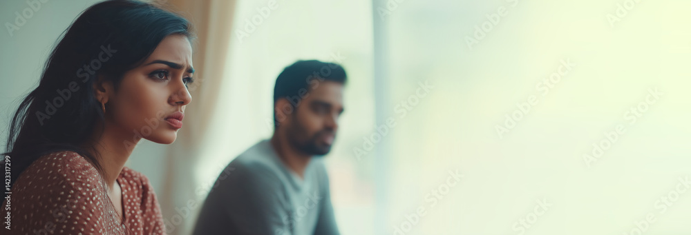 Indian couple having domestic scandal, upset young wife and husband turned away and ignoring each other