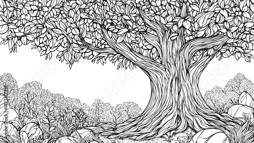 Black and white tree with a massive trunk and foliage. Doodle nature background, meadow and bush. Nature landscape, coloring book page vector template
