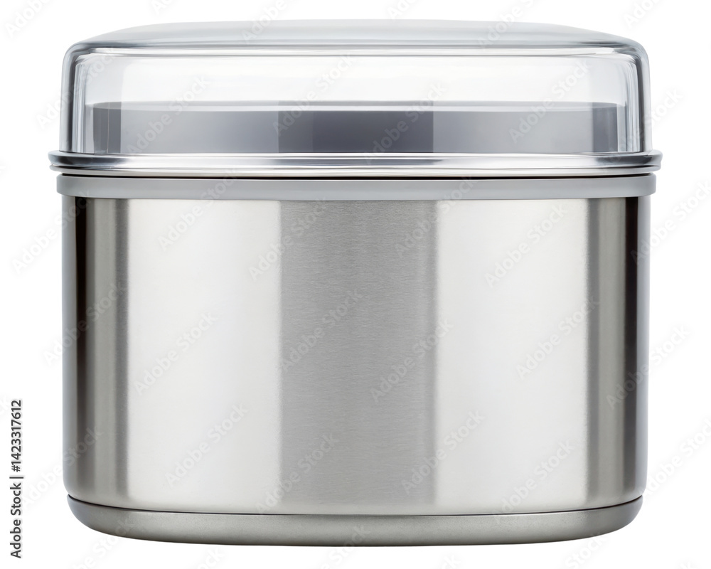 Stainless steel container with a clear lid for food storage on a transparent background Stainless steel container with a clear lid for food storage on a transparent background