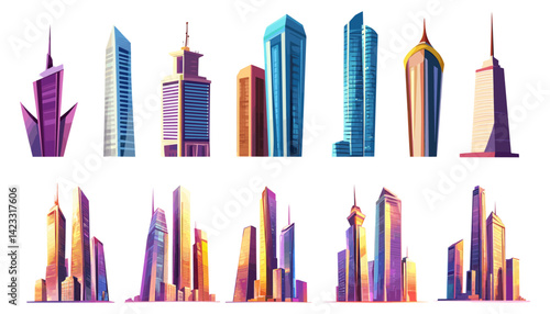 Different skyscrapers cartoon elements. Futuristic style buildings for megapolis, city district apartment or business building. Modern architecture vector set